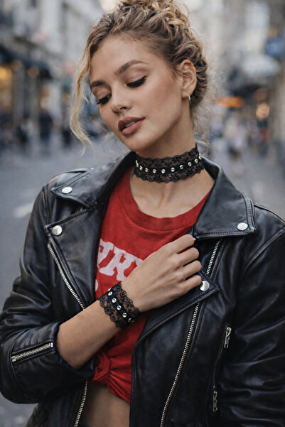 SYAZE Metal Detaylı Siyah Dantel Choker ve Bileklik Seti