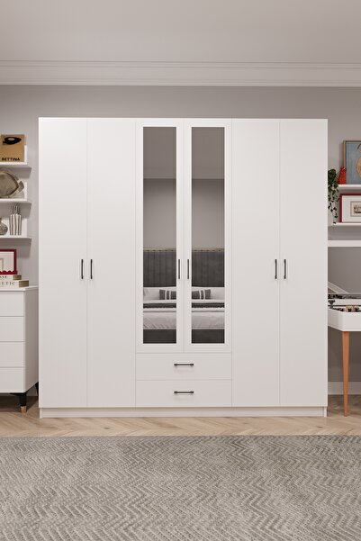 asratrend Asra Trend MDF 6 Kapaklı, 2 Çekmeceli, 2 Aynalı Gardırop - 240x218x...