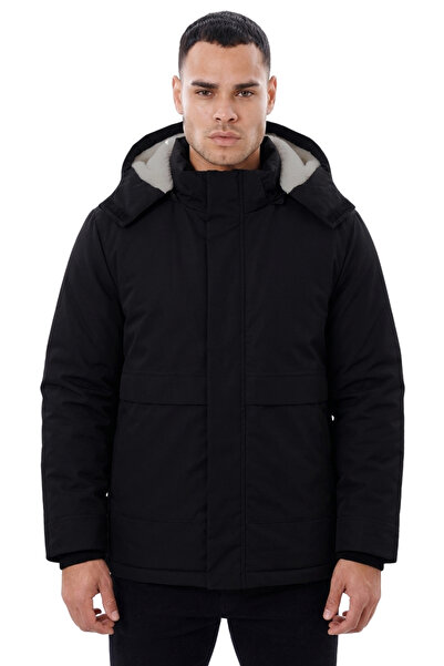freemen Men's Black Water and Wind Resistant Ribbed Coat with Fur Inside the ...
