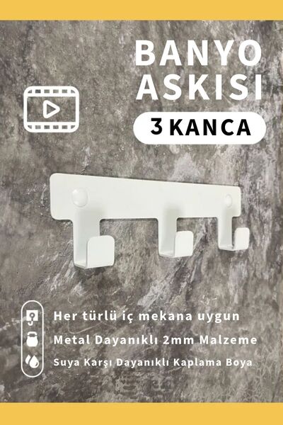 3art Metal Demir Banyo Askısı - Duvara Monte Havlu ve Elbise Askısı 3 Kancalı