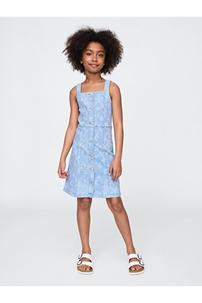 GAP Kız Çocuk Açık Mavi Denim Çiçekli Elbise