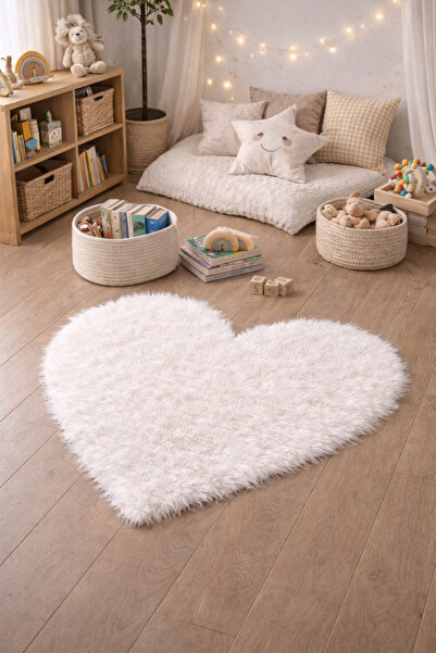 EYPRICH Kuzu Post Peluş Premium Kalp Desen Yumuşak Tüylü Halı - Beyaz