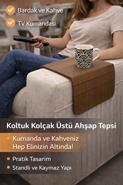 HGROUP Koltuk Kolçak Sehpası Kahverengi 40x20cm – Bardak ve TV Kumandası İçin...