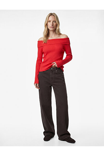 Koton Cotton Long Sleeve Off-Shoulder Madonna Collar T-Shirt