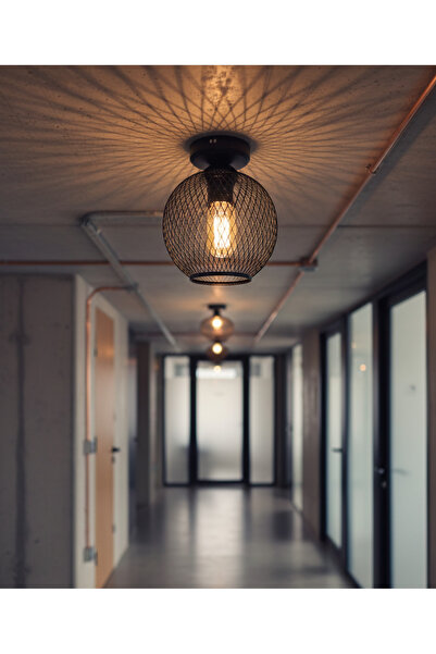 365GUNSERİSONU Metal Siyah Retro Tasarım Hasır Telli Küresel Tekli Plafonyer ...