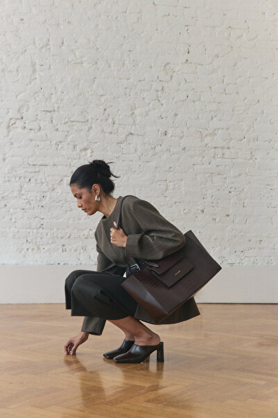 LUTVELIZADE Çanta 2601 - Croc Kumaş Shopper Acı Kahve Croc Kadın Çanta