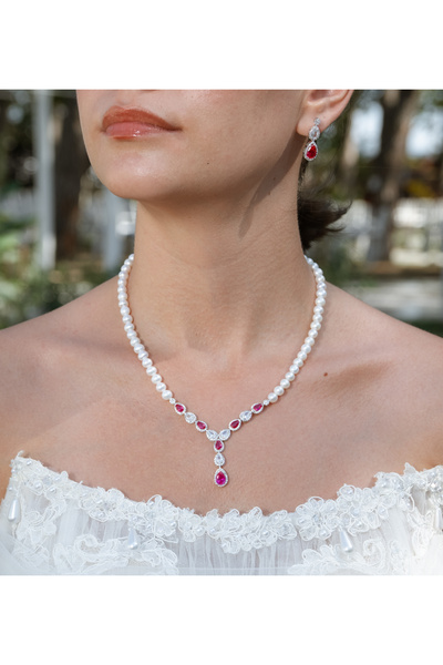 İLK İNCİ TAKI Gerçek Doğal İnci Set Kırmızı Yakut – ST052