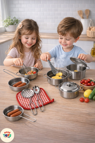 kosetoys Kız Çocuk Oyuncak Mutfak seti 11 parça gerçek çelik paslanmaz tencer...