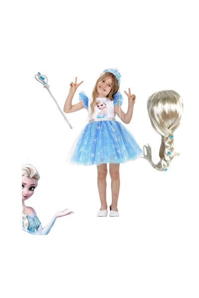 3b kids elsa anna karlarülkesi kostüm elbise + elsa peruk + elsa taç - asa + ...