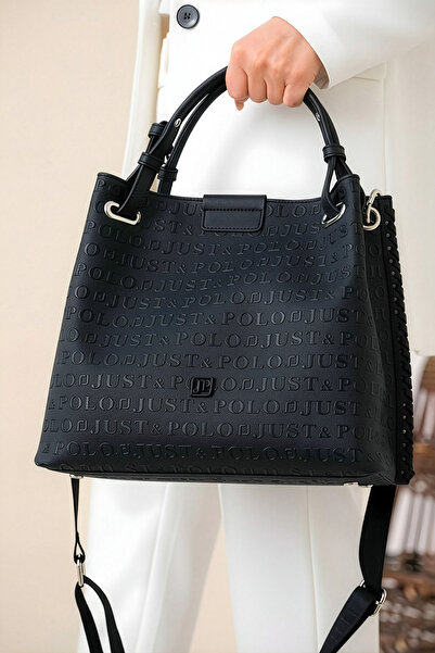 Just Polo Kadın Siyah Örgülü 4 Bölmeli Omuz Çantası Ve El Çantası (33x27 CM)