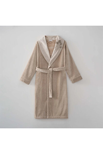 Ecocotton Masal Kadın Bornoz %100 Organik Pamuk El Nakışlı Bej