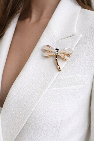 Modex Altın Sarısı Taşlı Yusufçuk Broş (En:4cm Boy:3 cm)