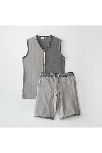 Ecocotton طقم بيجامة رجالي من ميلسا مع شورت 100% قطن عضوي موسلين رمادي فاتح