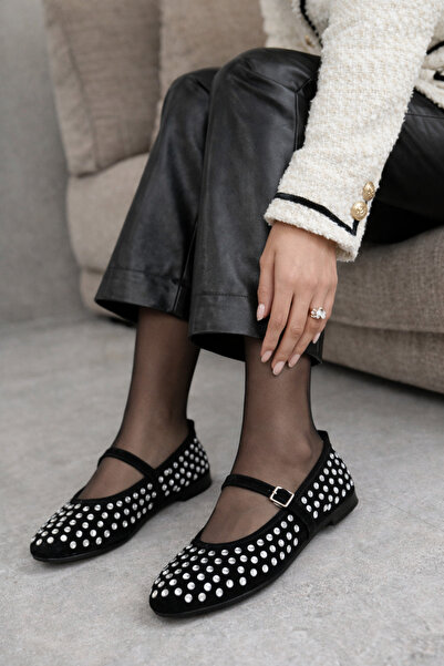 FootFrenzy Kadın Taş Dokulu Mary Jane Günlük Şık Konforlu Rahat Taban Babet A...