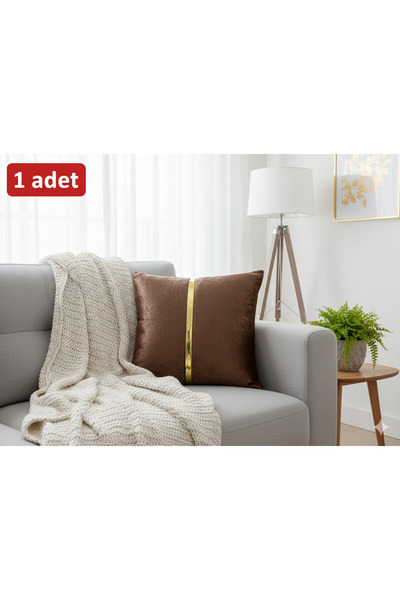 BALADI HOME Yastık Kılıfı Kadife Kumaş Altın Deri Aksesuarlı Kadife Görünümlü...