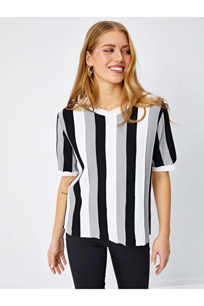 Faik Sönmez Büyük Beden Renk Bloklu Kısa Kollu Siyah Kadın Triko Bluz U68731