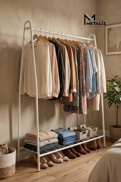 metaliz consept Oval Telli Beyaz Butik Stil Askılık Konfeksiyon Askısı Ayaklı...