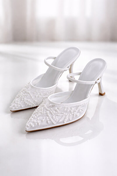 guijarro Women's White Embroidered Beaded Detailed Mesh Stylish Shoes 7.5cm M...