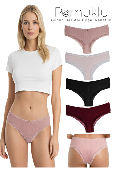 Dominant Pamuklu 4'lü Paket Dantel Detaylı Fitilli Pamuklu Brazilian Külot Seti