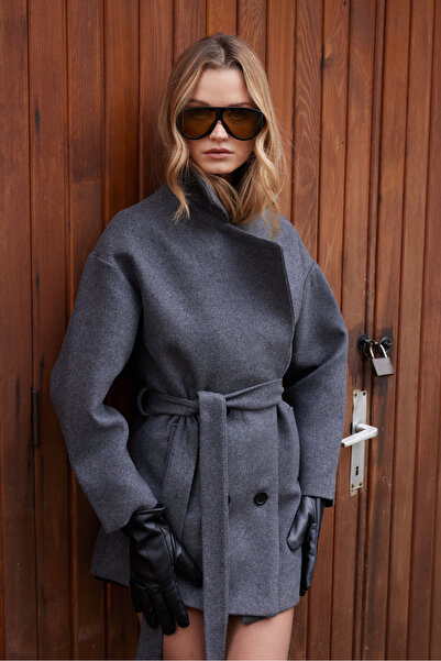 SevdeUgur Жіночий антрацитовий оверсайз короткий кашеміровий пальто з поясом ...