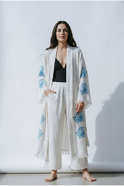 ZERLA رداء كيمونو تركي من الخيزران بنقشة اللوتس للنساء - غطاء خفيف الوزن - مط...