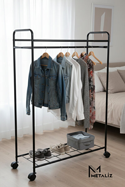 Metal Tekerlekli Elbise Askılığı Raflı Ve Taşınabilir Kıyafet Düzenleyici Sta...