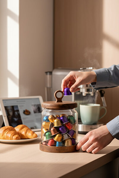 Paşabahçe Akasya Kapaklı Cam Kahve Kapsül Kavanozu -Nespresso Uyumlu Kapsül/Gıda Saklama Kabı