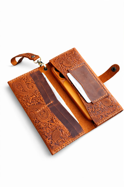 MAT Deri Orange Genuine Leather Phone Wallet Handmade Long Wallet with Wrist ...