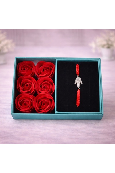 velve Turquoise box with red soap roses and martisor bracelet, Turquoise
