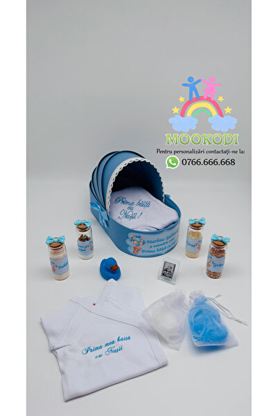 OEM Set "Prima băiță cu nașii" personalizat - "Ursuleț baloane" bleu