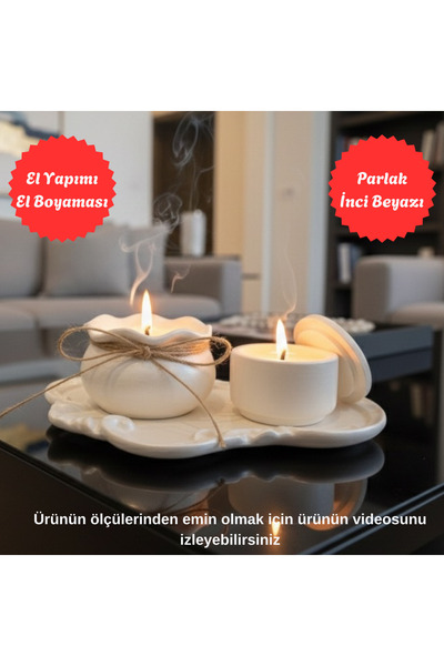 EL YAPIMI 3 Parça Beyaz Dekoratif Set - Dantel Tepsi, Bohça Mum, Kapaklı Mum