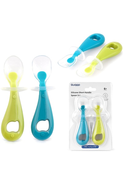 Hype Store Silikon Bebek Mama Kaşık Seti, Diş Kaşıyıcı, 2 Li Set, Mavi Yeşil