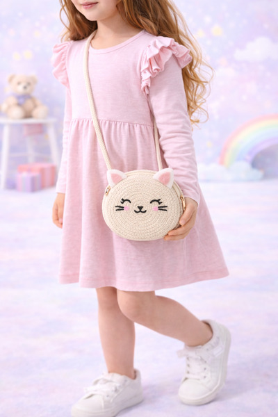 Selvira Kız Çocuk Hasır Kedi Figürlü 2 Model Omuz Çantası – Yuvarlak Tasarım,...