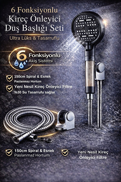 YMV 6 FONKSİYONLU DUŞ BAŞLIĞI FİLTRELİ KİREÇ ARINDIRICILI DUŞ BANYO ÇELİK HOR...