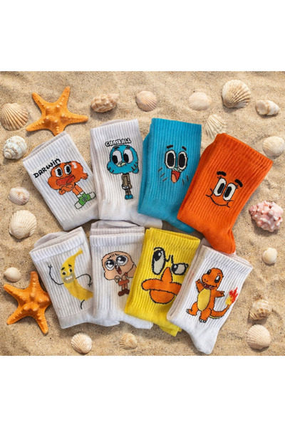 çorapdunyam Unısex 8”li Çizgi Film Anime Karakterli Neşeli Kolej Tenis Çorap