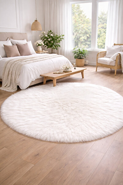 SAYMİNE Kuzu Post Peluş Premium Yuvarlak Desen Yumuşak Tüylü - Beyaz