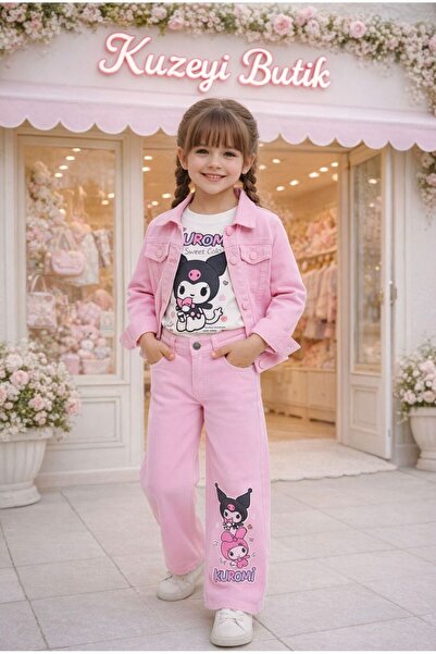 Kuzeyi Butik Girl's Holiday Denim Set with Kuromi Character - New Season Pink...