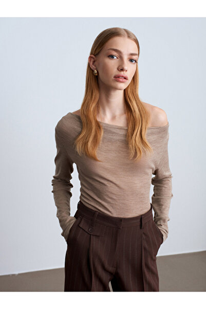 Dilvin 32570 100% Wool Degaje Collar Top-Mink M.