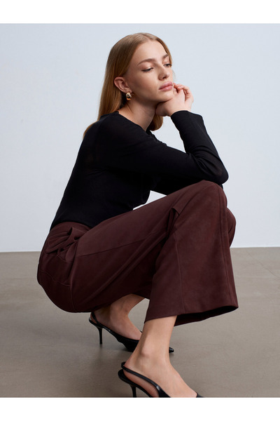 Dilvin 72257 Suede Trousers with Stitching Detail - Burgundy