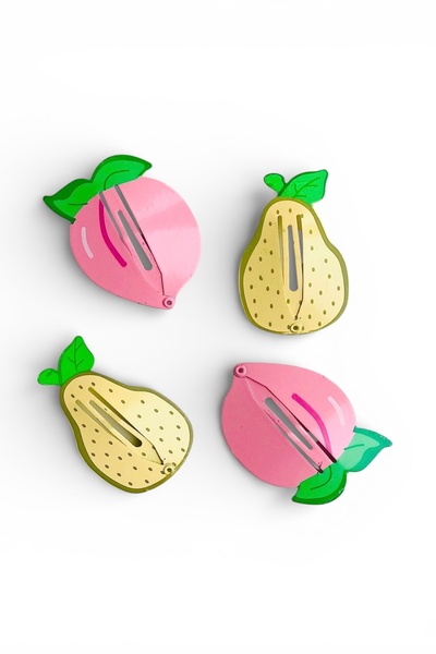 SHEKER HOME Kız Çocuk Meyveli Çıtçıtlı Metal Pembe Sarı Toka Seti - 4 Adet