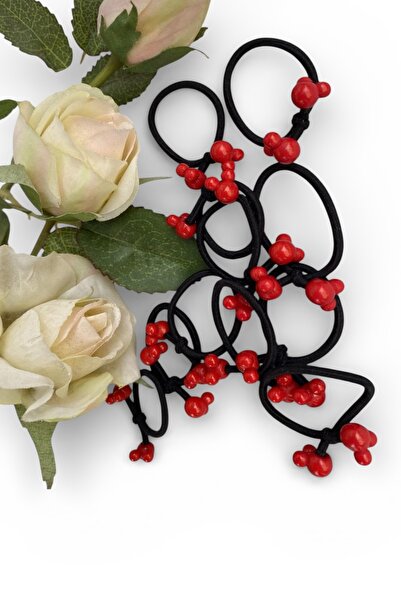 SHEKER HOME 8 Li Mickey Figürlü Kırmızı Renkli Boncuklu Lastik Toka