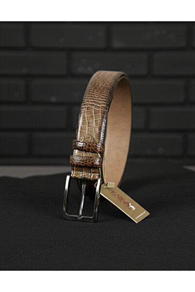 KASVA DERİ حزام من جلد التمساح الداكن 100% جلد طبيعي 3.5 سم