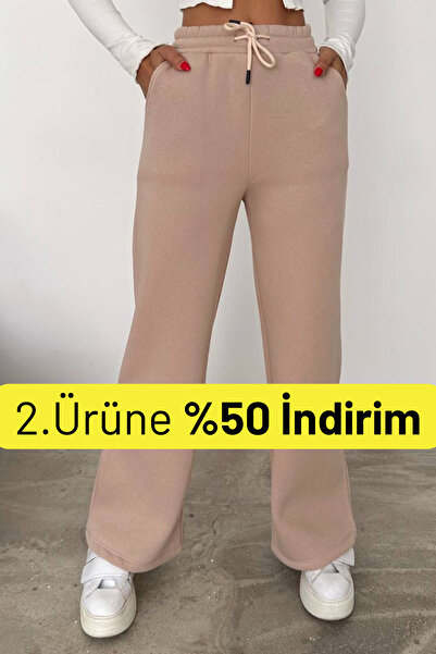 Balenbi بنطال رياضي شتوي نسائي واسع الساق عالي الخصر من الصوف 1086