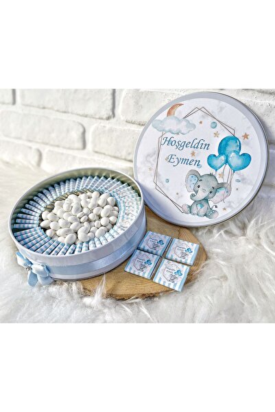 Sweet Story 100 Adet+200 Gr Drajeli Mavi Balon Tutan Fil Temalı İsme Özel Erk...