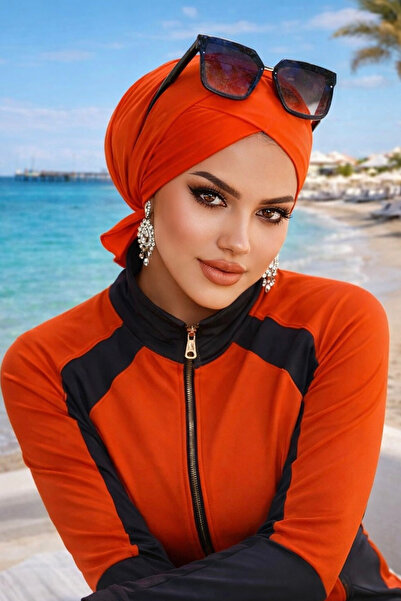 Aişe tesettür Turuncu Çapraz Bone - Deniz - Havuz Bonesi