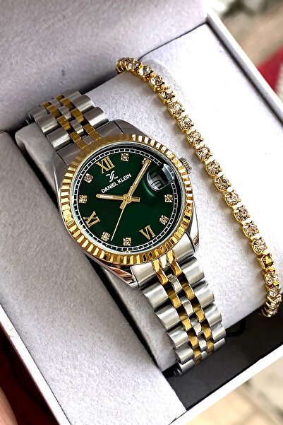 Daniel Klein %100 Orijinal Altın Gümüş Kordon Yeşil Kadran Kadın Kol Saati Bi...