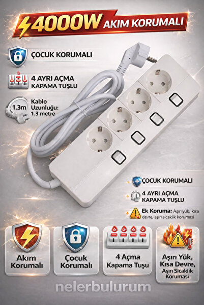nelerbulurum YÜKSEK KALİTELİ 4'LÜ 1.5 METRE 4 AYRI AÇMA KAPAMA TUŞLU AKIM KOR...