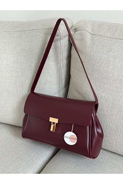 BAGLOVİS Stylish Burgundy Women's Shoulder Bag with Front Lock Detail, Single...