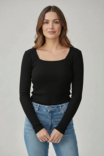 CHEISU Kadın Siyah Uzun Kollu Kare Yaka T-shirt Bluz Kaşkorse Fitilli