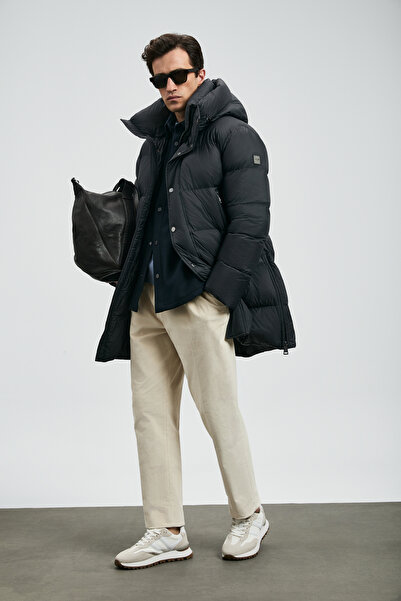 Lufian معطف فيكتور غوس ريش للرجال باللون الأسود